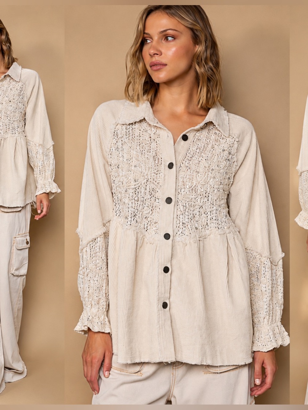 NWT POL Shabby Chic Corduroy and Crochet Lace Button Down Shirt Shacket